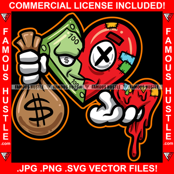 Love Dripping Broken Red Heart Stitched Cash Money Bill Two Face Patches Cross Eye Heart Hand Dripping Bloody Blood Bag Hip Hop Rap Plug Street Ghetto Swag Thug Famous Hustle Art Graphic Design Logo T-Shirt Print Printing JPG PNG SVG Vector Cut File